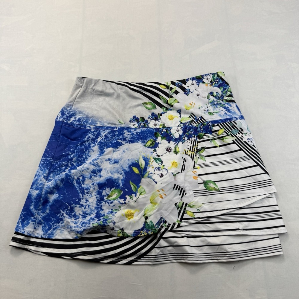 Lucky in Love Women's Large 12 Blue Floral Stripe Tennis Golf Skort Athletic
